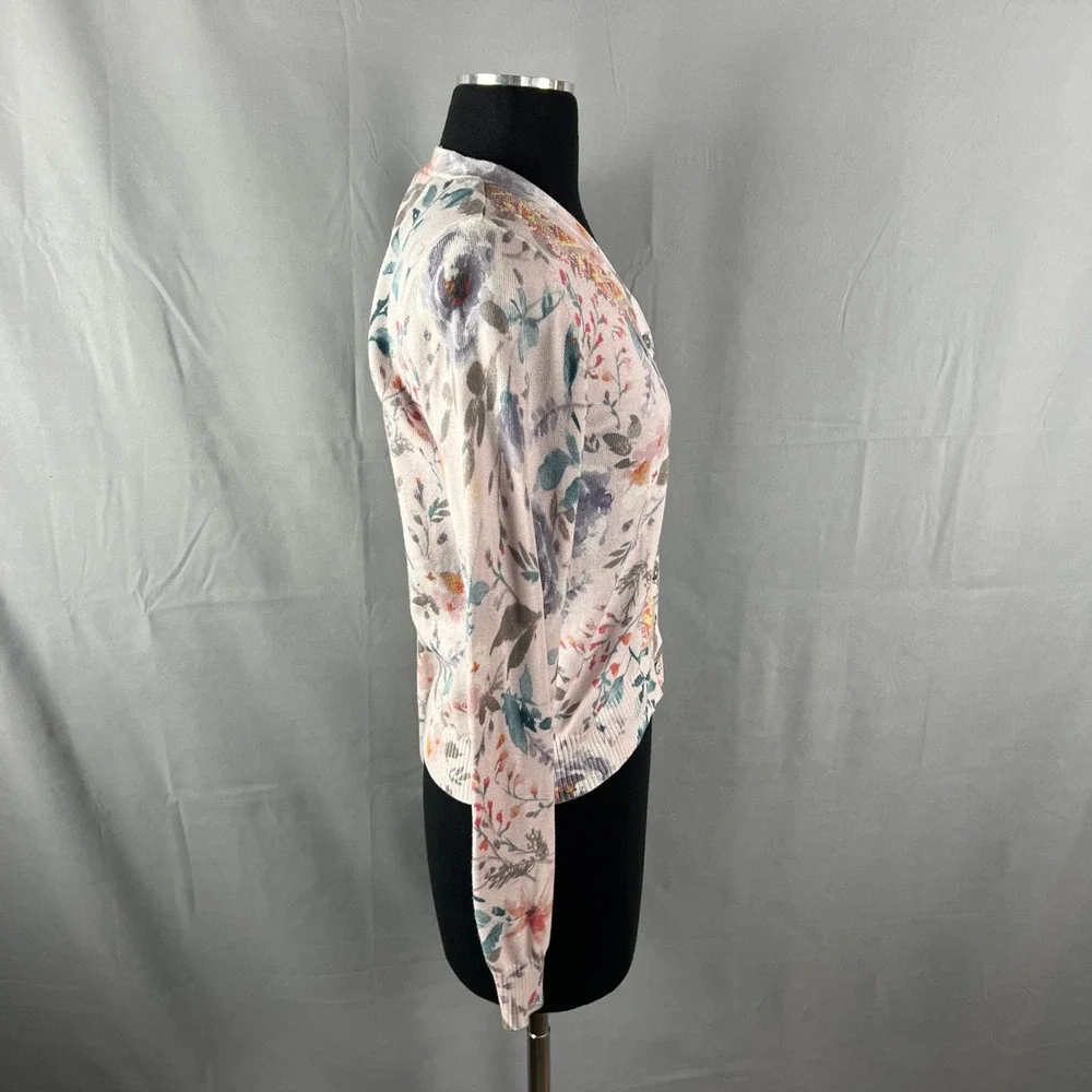 Sundance Cardigan Sweater Womens XS Multicolor Floral Cotton Ribbed Knit V Neck